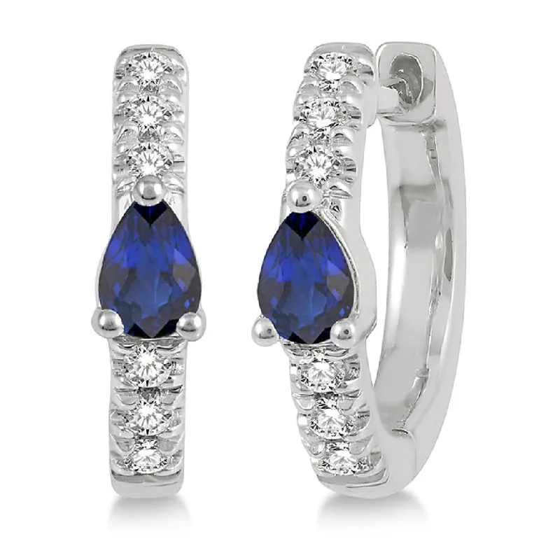 10K White Gold Pear Shape Sapphires And Diamond Huggie Earrings