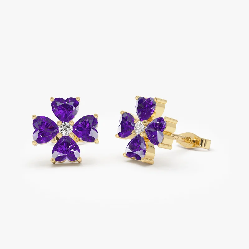 14k Amethyst Four Leaf Clover Studs