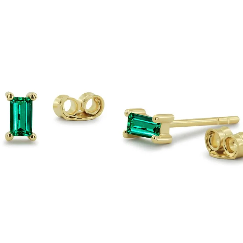 14K Gold Baguette Cut Emerald Studs