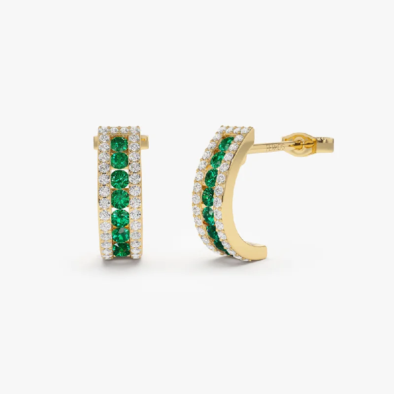 14k Emerald and Round Diamond Hoop Earrings