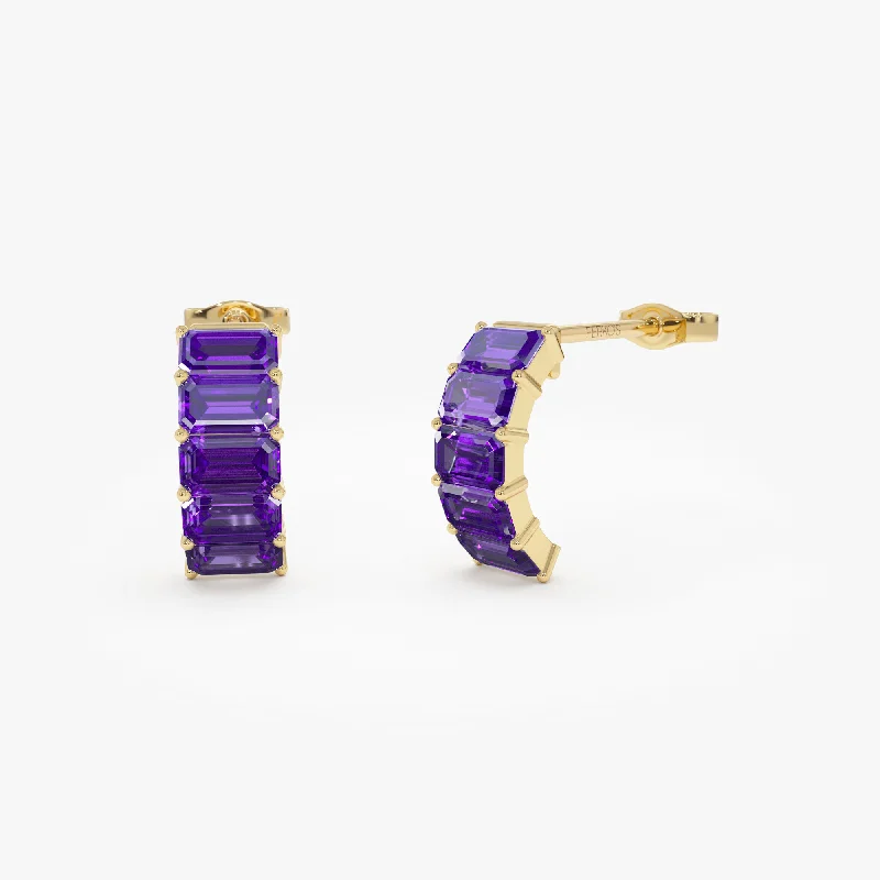 14K Emerald Cut Amethyst Half Hoop Earrings