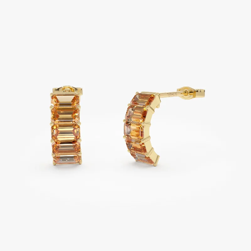 14K Emerald Cut Citrine Half Hoop Earrings