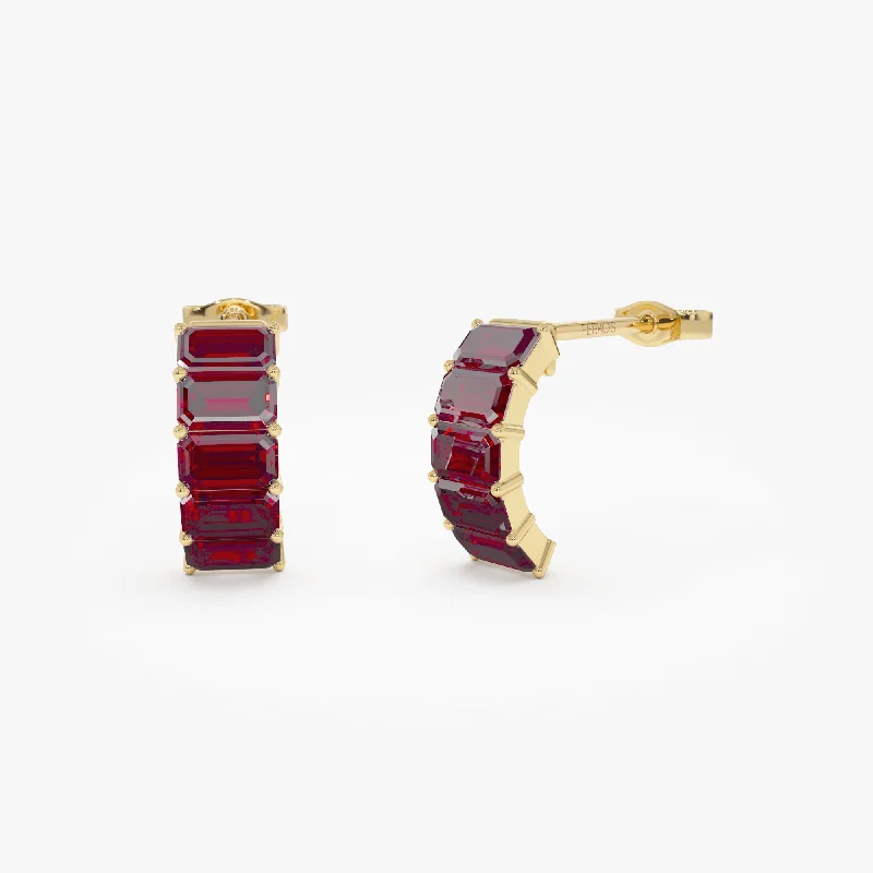 14K Emerald Cut Garnet Half Hoop Earrings