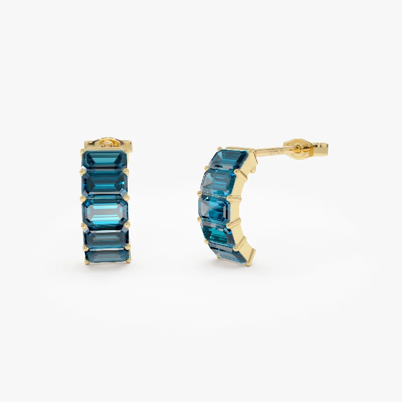 14K Emerald Cut London Blue Topaz  Half Hoop Earrings