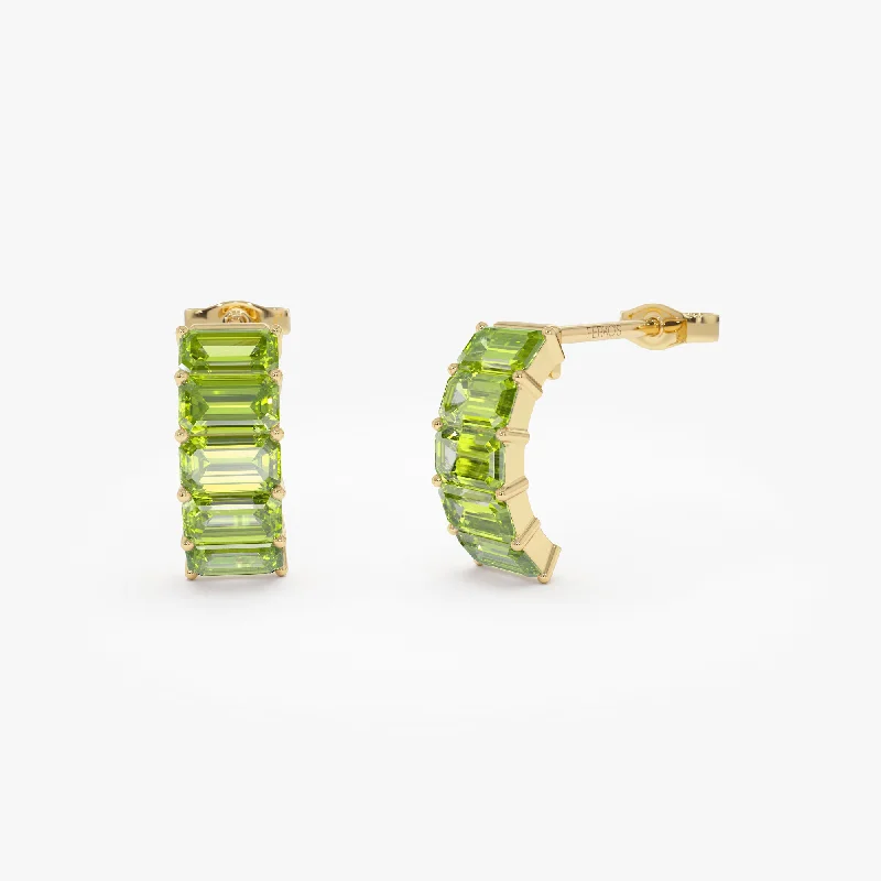 14K Emerald Cut Peridot Half Hoop Earrings