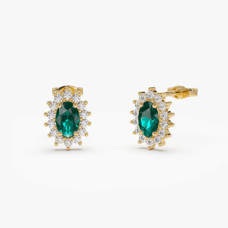 14k Emerald Earrings with Halo Diamonds