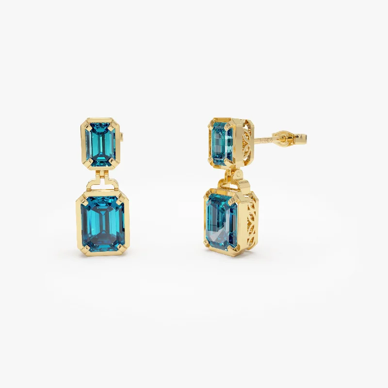 14K Emerald London Blue Topaz Dangle Drop Earrings