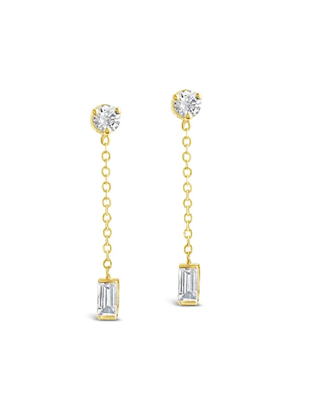 14K Gold Baguette Diamond Chain Drop Stud Earrings