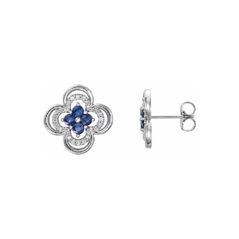 Natural Blue Sapphire & Natural Diamond Clover Stud Earrings