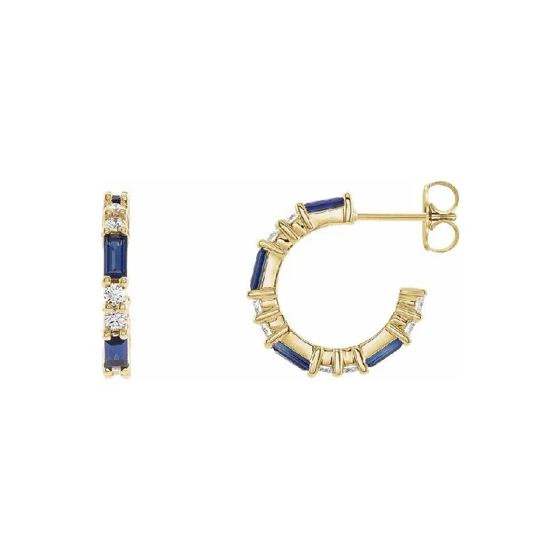 Natural Blue Sapphire & Natural Diamond Hoop Earrings