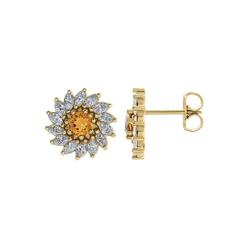 Natural Citrine & Natural Diamond Flower Stud Earrings