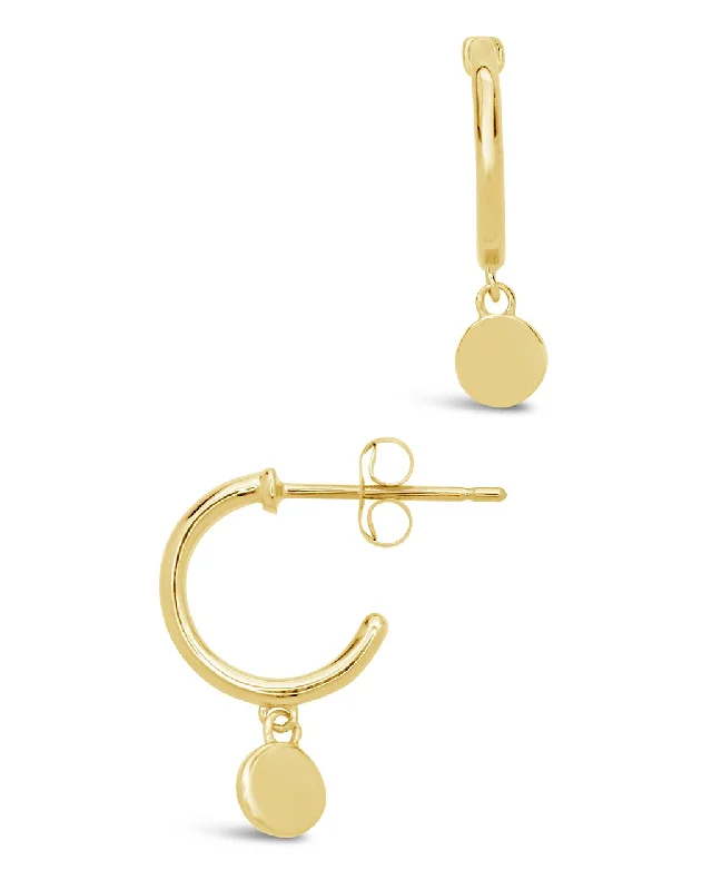 14K Gold Disk Charm Micro Hoop Earrings