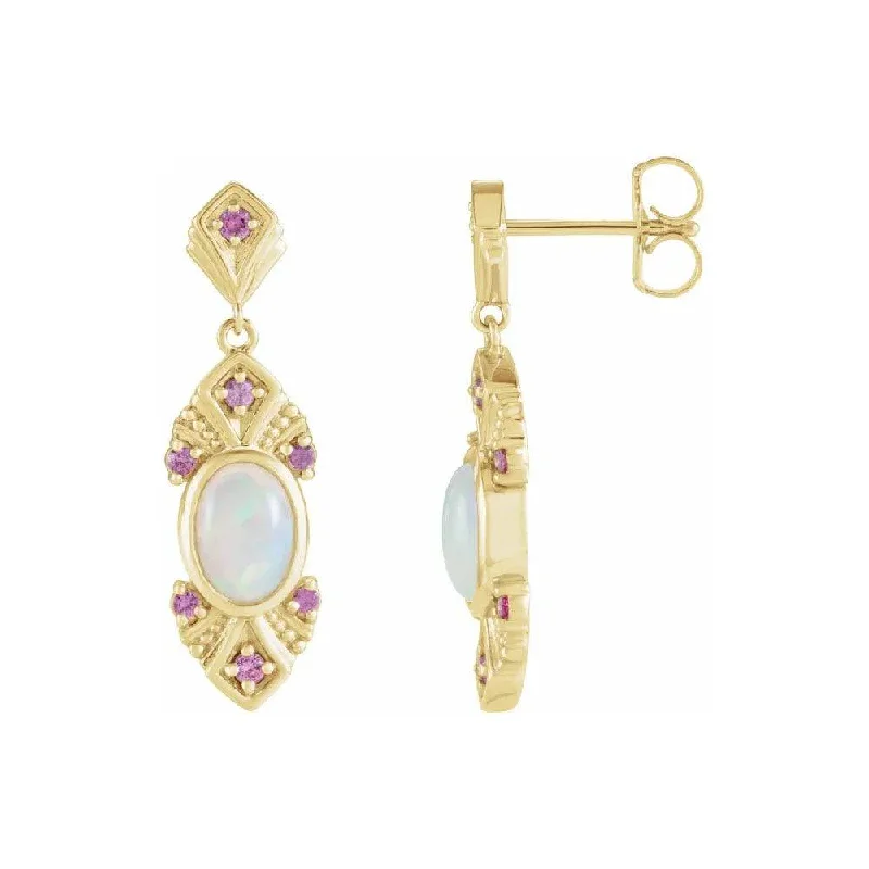 Natural Opal & Natural Pink Sapphire Vintage-Inspired Earrings