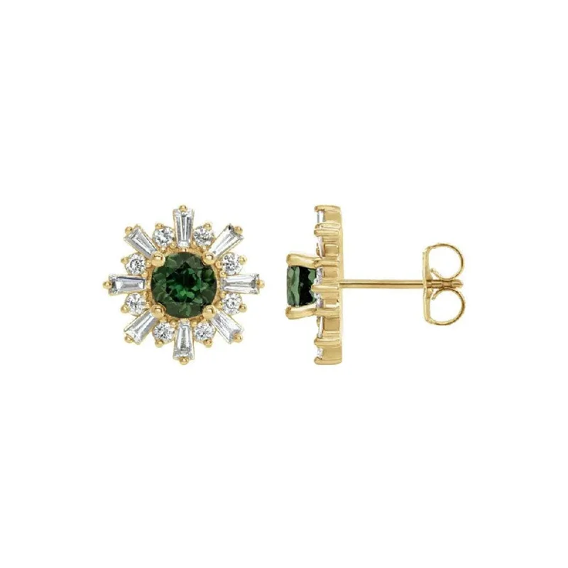 Natural Green Tourmaline & Natural Diamond Flower Stud Earrings