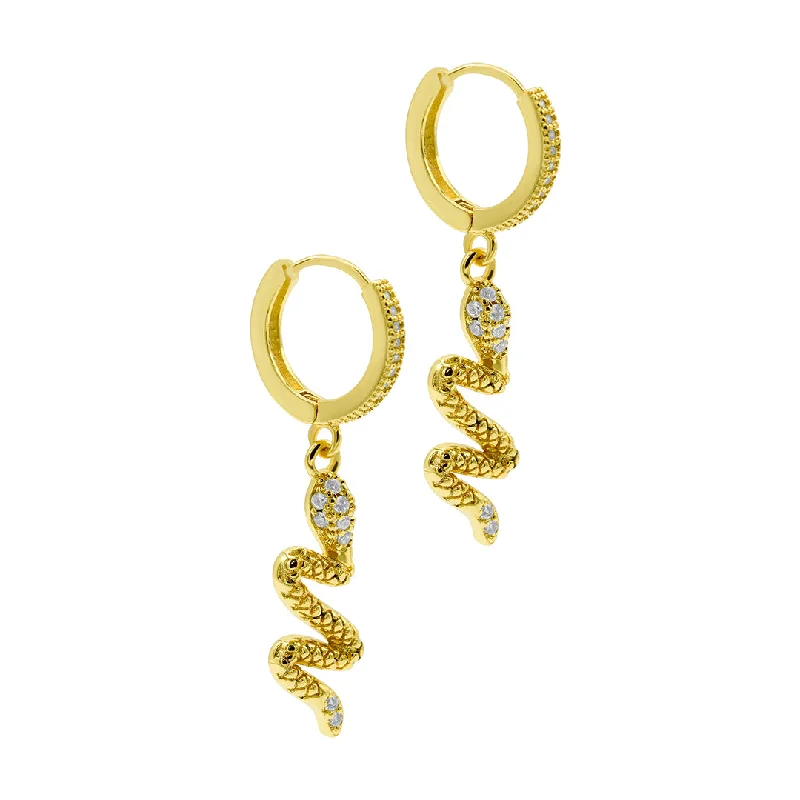 14k Gold Plated Snake Dangle Huggie Hoop Earrings