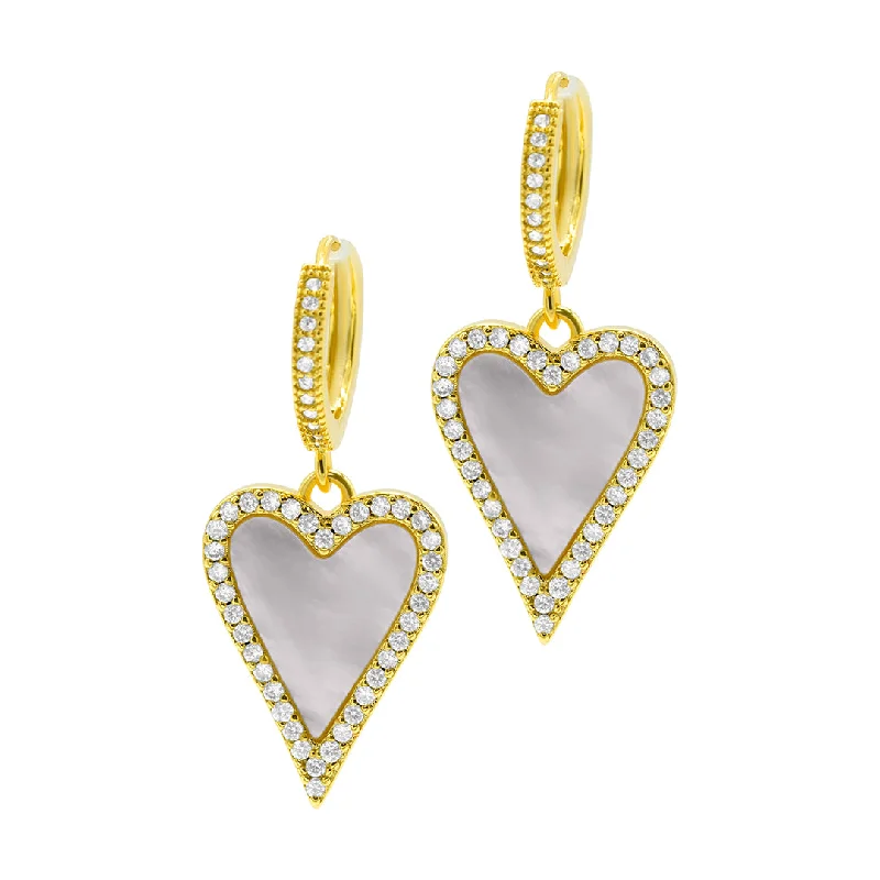 14k Gold Plated White Mother-of-Pearl Crystal Halo Heart Drop Huggie Earrings