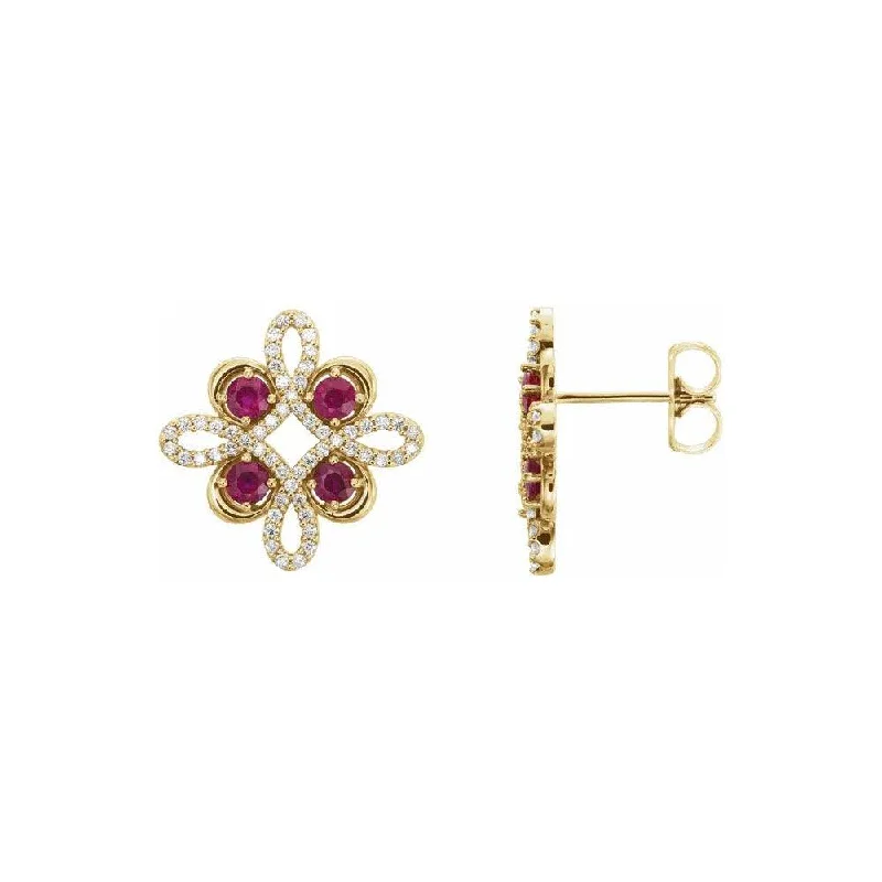 Natural Ruby & Natural Diamond Vintage Style Stud Earrings