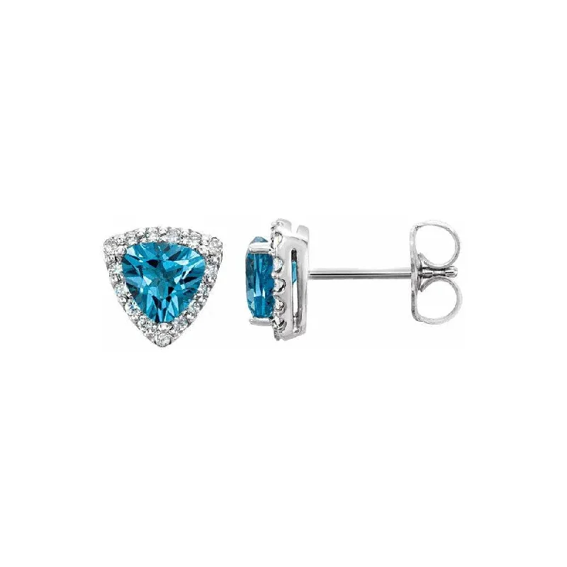 Natural Trillion Cut Swiss Blue Topaz & Natural Diamond Stud Earrings