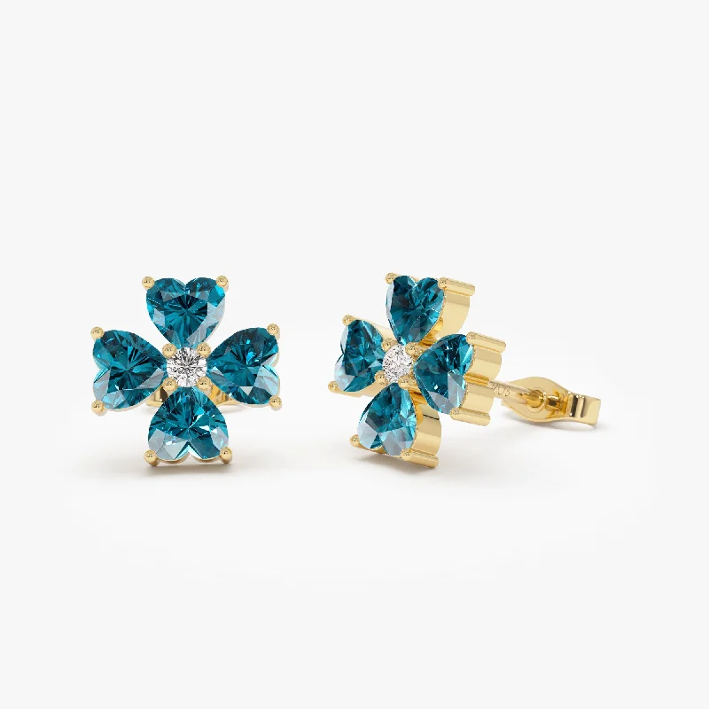 14k  London Blue Topaz Four Leaf Clover Studs