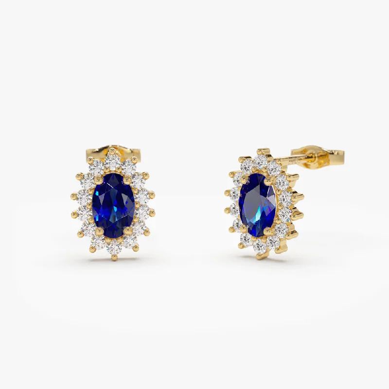 14k Oval Cut Blue Sapphire Earrings with Diamonds