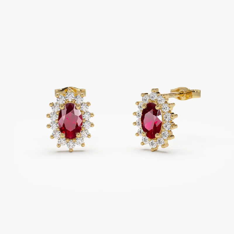 14k Oval Cut Ruby Earrings with Diamonds