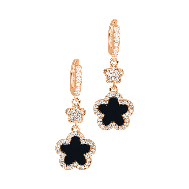 14k Rose Gold Plated Black CZ Clover Earrings