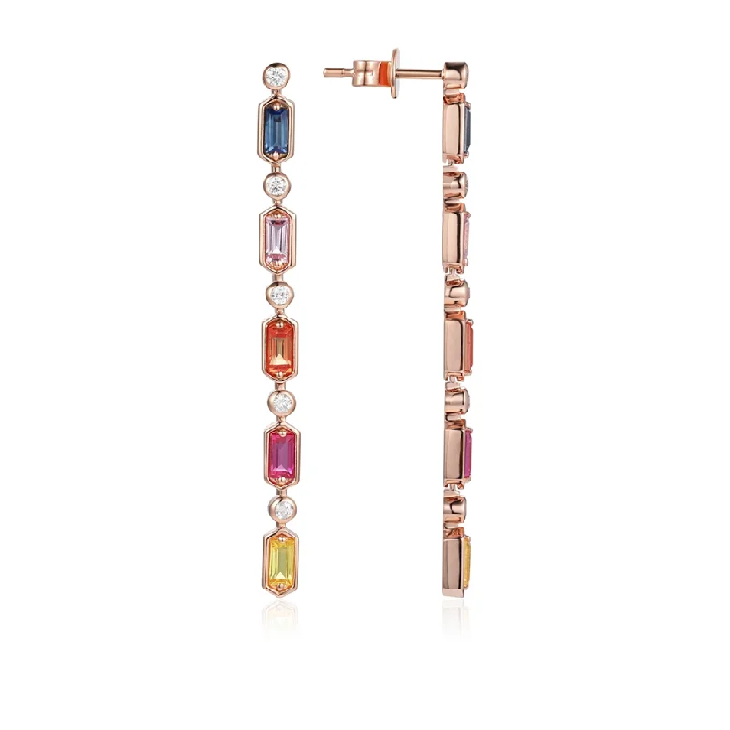 14K Rose Gold Rainbow Sapphires And Diamond Drop Earrings