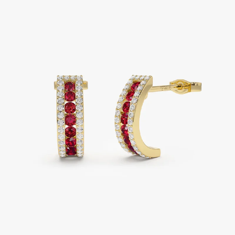 14k Ruby and Round Diamond Hoop Earrings