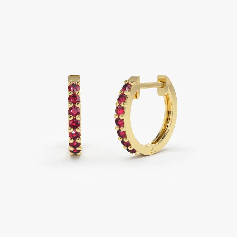 14K Gold Ruby Huggie Hoop Earrings