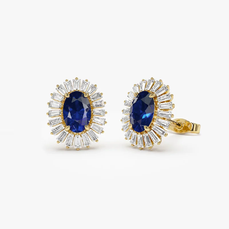 14k Sapphire and Baguette Diamond Ballerina Stud Earrings