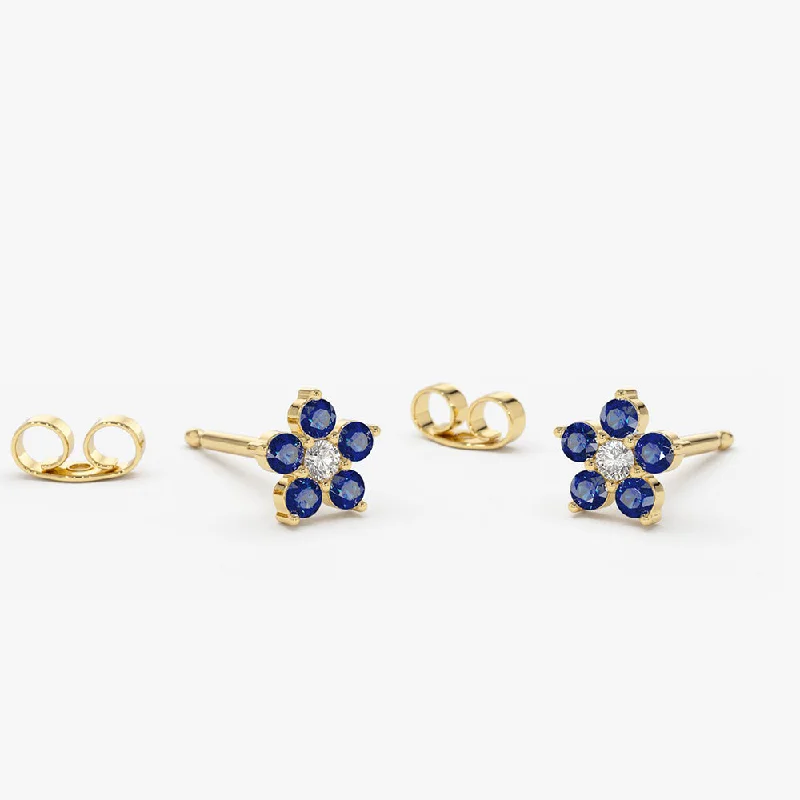 14k Sapphire and Diamond Flower Studs