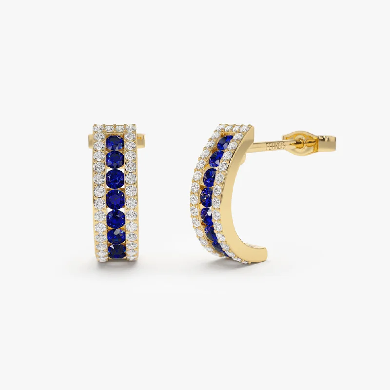 14k Sapphire and Round Diamond Hoop Earrings