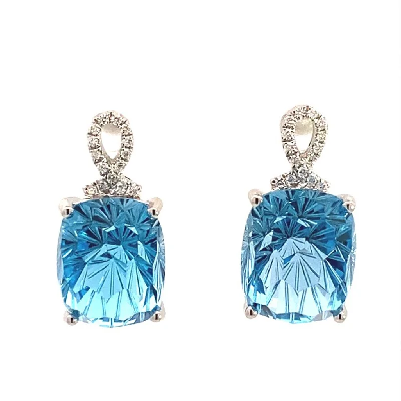 14K White Gold Blue Topaz And Diamonds Earrings