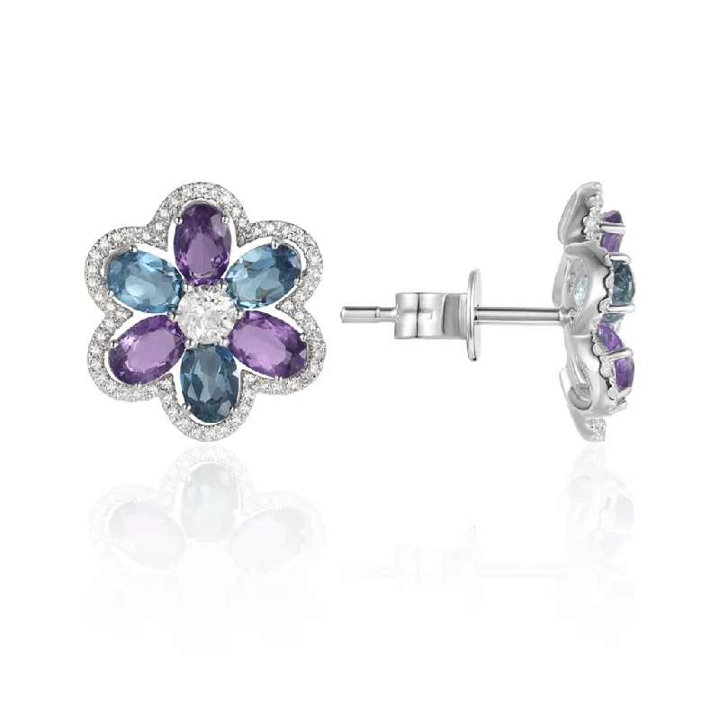 14K White Gold Multi-Colored Stone Flower Earrings