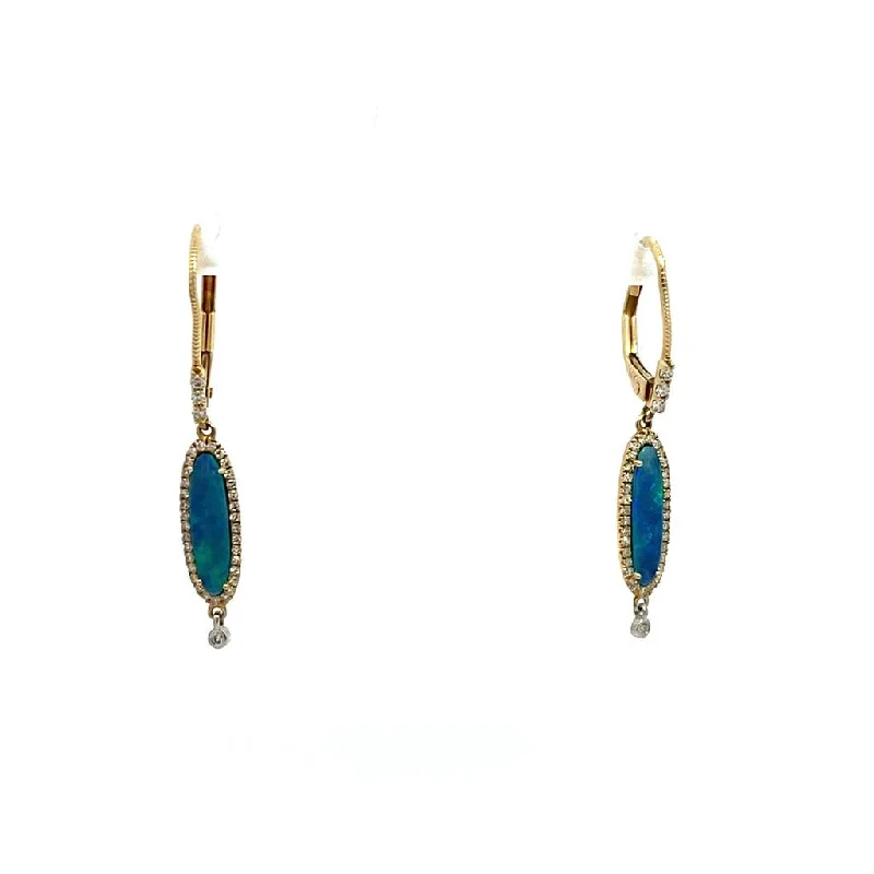 14K Yellow Gold Elongated Opal And Diamond Drop Earrings