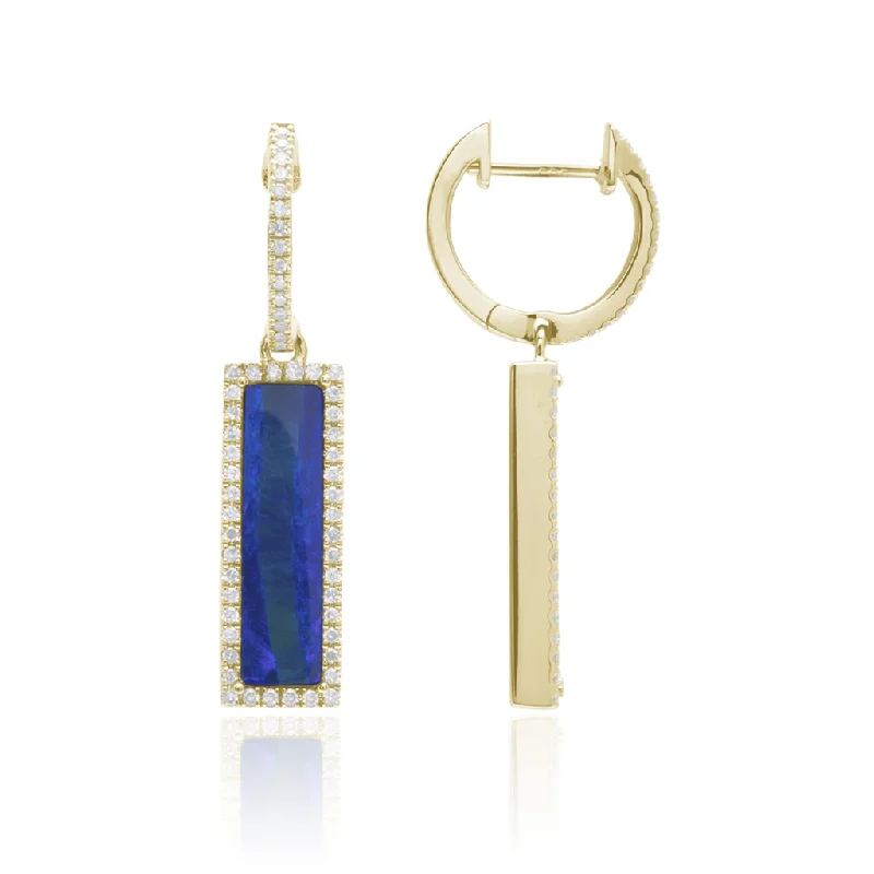 14K Yellow Gold Opal And Diamond Rectangular Dangle Earrings