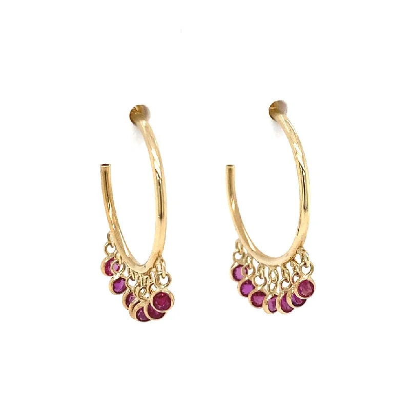 14K Yellow Gold Ruby Droplets Hoop Earrings