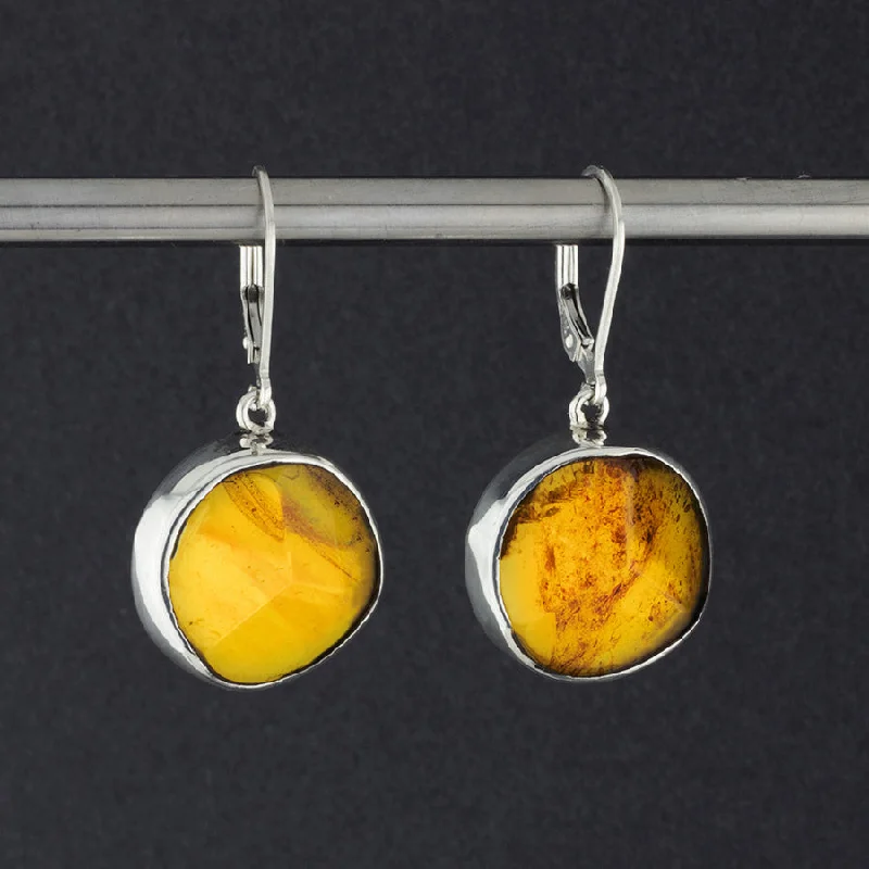 Round Faceted Amber Leverback Drop Earrings