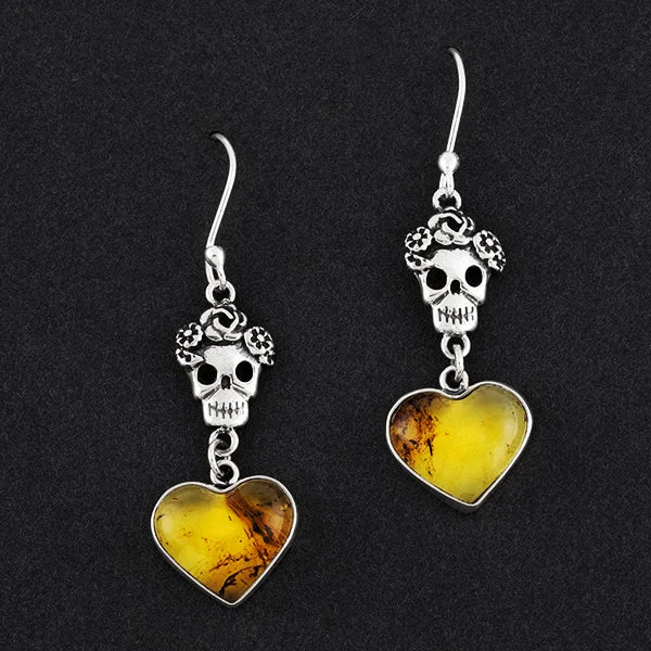 Silver and Amber Sugar Skull Drop Earrings