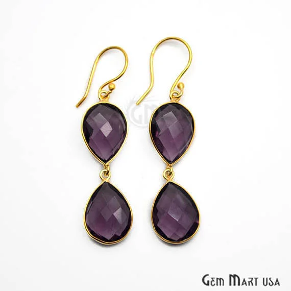 Amethyst Bezel Pears Shape Gold Plated 40x12mm Dangle Hook Earring (AMER-90186)