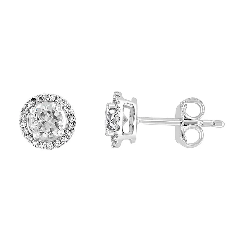 April Birthstone Earrings: 14K White Gold Diamond Halo White Topaz Earrings