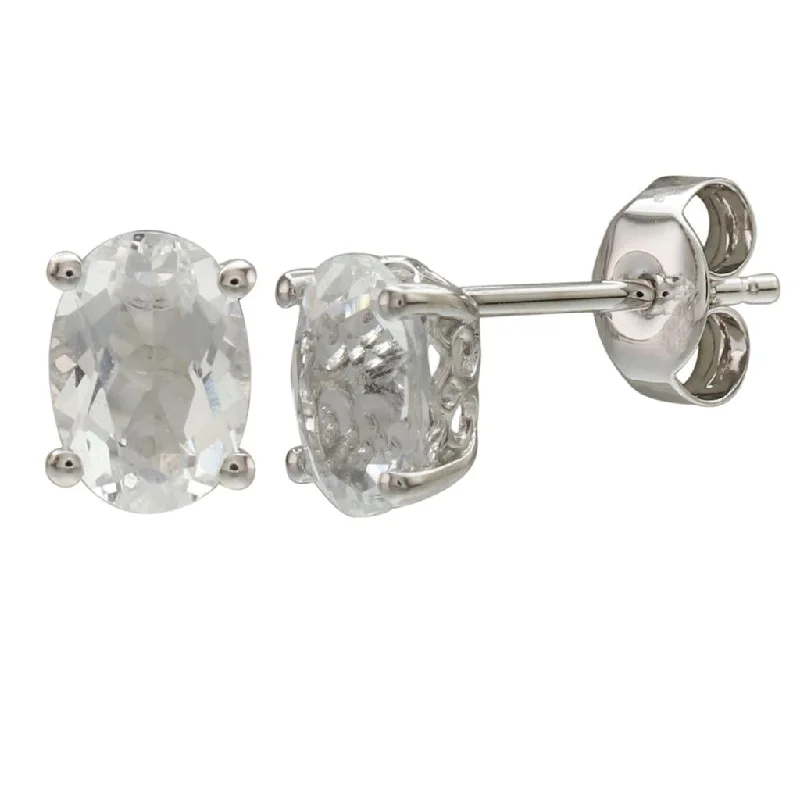 April Birthstone Earrings: 14K White Gold Oval White Topaz Earrings