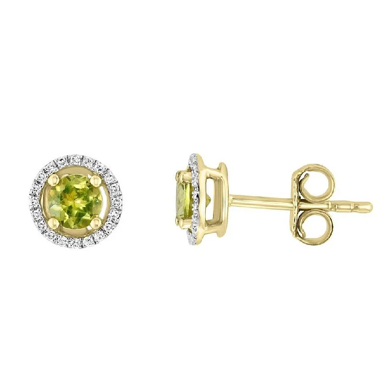 August Birthstone Earrings: 14K Yellow Gold Diamond And Peridot Halo Earrings