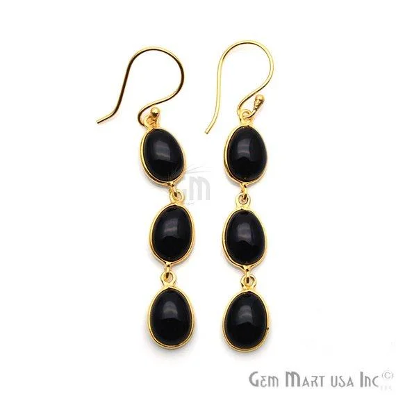 Black Onyx Earrings, Black Cabochon Earrings, Gold Hook Earring, Cabochon Earring, Dangle Earrings (BOER-90238)