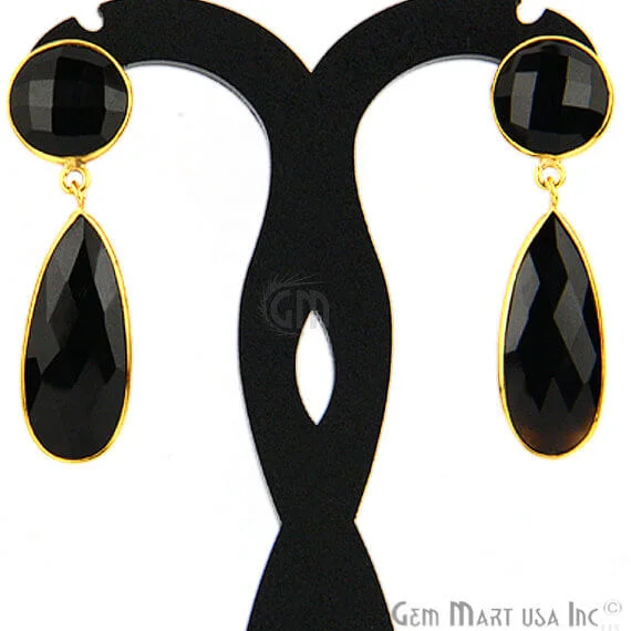 Black Onyx Round & Pears Shape 44x11mm Gold Plated Dangle Hook Earrings