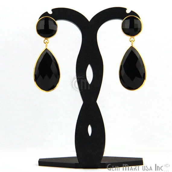 Black Onyx Round & Pears Shape 44x15mm Gold Plated Dangle Hook Earrings