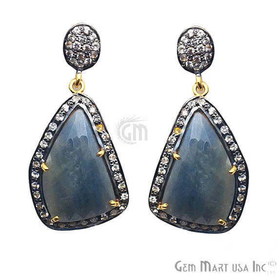 Blue Sapphire With Cubic Zirconia Pave Diamond 18x38mm,Gold Vermeil Dangle Drop Stud Earring