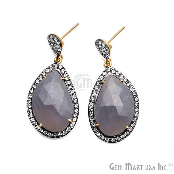 Blue Sapphire With Cubic Zirconia Pave Diamond 19x41mm,Gold Vermeil Dangle Drop Stud Earring