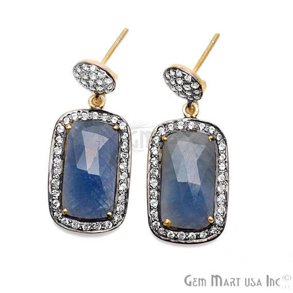 Blue Sapphire With Cubic Zirconia Pave Diamond 36x15mm,Gold Vermeil Dangle Drop Stud Earring