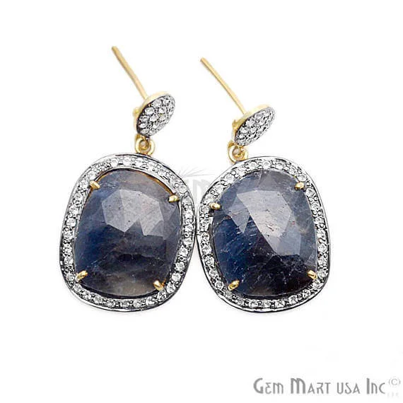 Blue Sapphire With Cubic Zirconia Pave Diamond 36x19mm,Gold Vermeil Dangle Drop Stud Earring